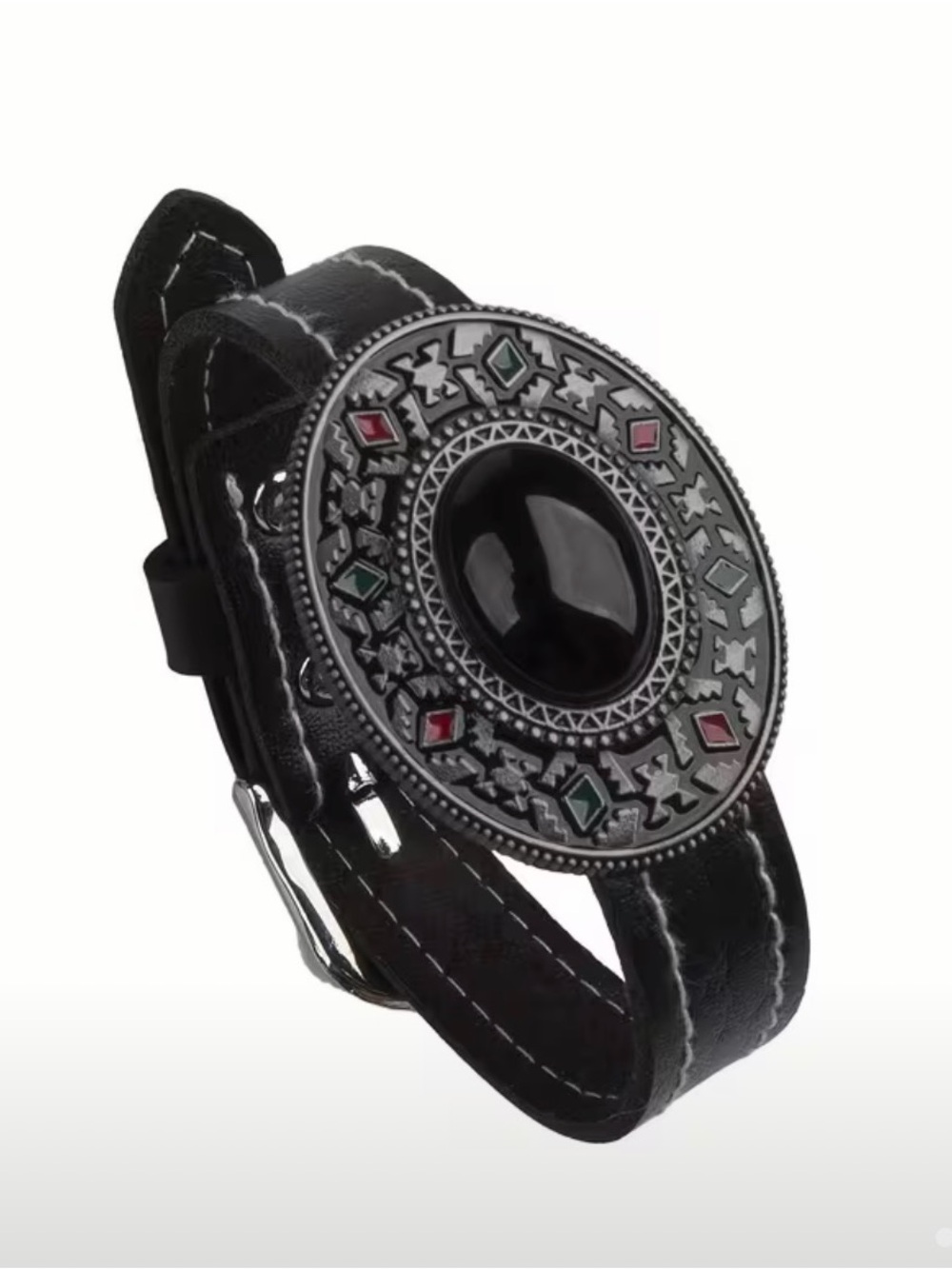 Western Bracelet Black Leather Bracelet with Ornate Oval Medallion